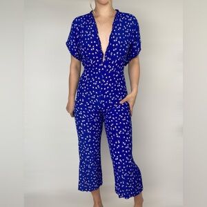 FAITHFUL THE BRAND La Villa Cobalt Floral Print‎ Wide Leg Jumpsuit Short Sleeve